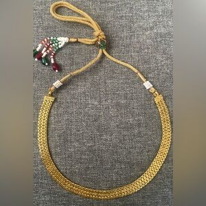 Dori mesh, soft necklace, beaded gold, green, and red vintage.